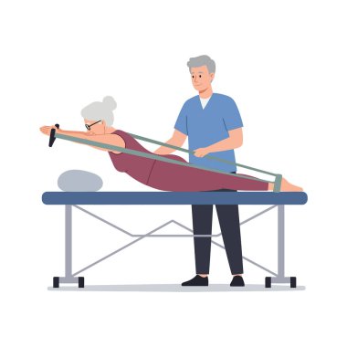 Üst düzey bir kadın, ev ortamında pilates makinesinde antrenör yardımıyla fitness rehabilitasyon egzersizi yapıyor. Motivasyon sahnesi.