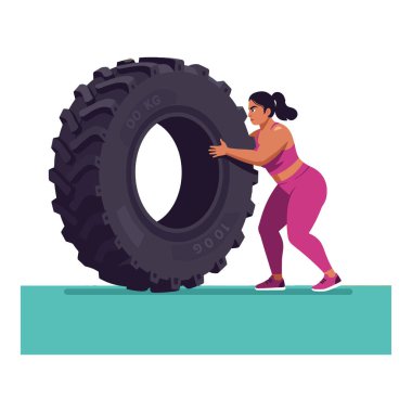Kadın, donuk zeminde dayanıklılık ve dayanıklılık için lastik fırlatma egzersizi yapar, pembe fitness kıyafeti giyer. Enerjik ve odaklanmış ruh hali.