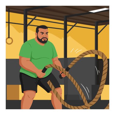İllüzyon, sarı ışıklandırma ve ahşap tavanlı spor salonunda savaş halatları kullanan bir adamın enerjik bir atmosfer yarattığını gösteriyor..