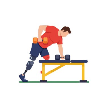 Protez bacaklı bir adam antreman tezgahında halter egzersizi yapar, güç ve rehabilitasyona odaklanır, temiz bir vektör tarzında. Motivasyon havası.