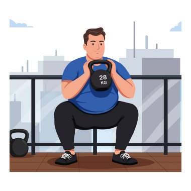 Mavi gömlekli bir adam 28 kiloluk bir kettlebell 'i büyük pencereli bir spor salonunda tutarken, odaklanmış bir egzersiz sahnesi yaratıyor. Motivasyon havası.