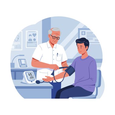 Doktor, hasta sağlığını klinik ortamda kontrol etmek için tansiyon monitörü kullanıyor. Bakım ve profesyonellik gösteriyor. Sakin ve güven verici bir atmosfer.