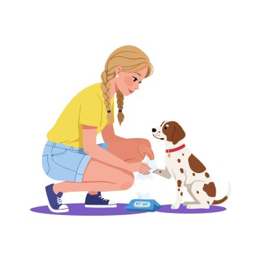 Saçları örgülü bir kız, kahverengi ve beyaz köpeğini evcil hayvan sabunu kullanarak eğitir. Neşeli bir sahnede özen ve etkileşim gösterir..