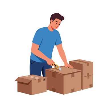 Mavi gömlekli bir adam, karton kutuları basit ve temiz bir şekilde paketlemek ya da taşımak için kesiciyle kesiyor. Sakin sahne.
