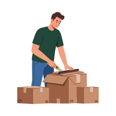 Çizimlere göre, genç bir adam kesiciyle karton kutuları açıyor, günlük kıyafetlerle dikiliyor, işine odaklanıyor, barışçıl bir ruh hali içinde..