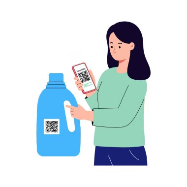 Resim, kadının mavi deterjan şişesindeki QR kodunu taramak için telefon kullandığını gösteriyor. Temiz beyaz bir arka plan sahnesi, sakin bir ruh hali..
