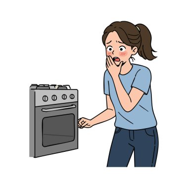 Günlük giysiler giymiş bir kadın mutfak fırınının karşısında şaşkın ve endişeli duruyor. Ev ortamında endişe ve ihtiyatı dile getiriyor. Sakin ol..