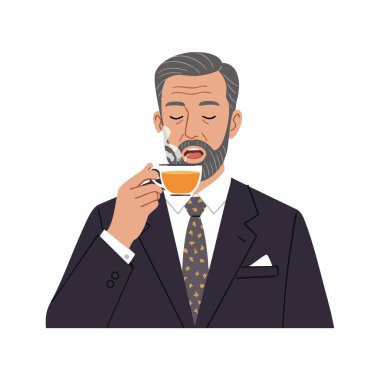Resimler, resmi giyinmiş olgun bir adamın sıcak kahve içtiğini gözler kapalı bir şekilde rahatlama ve tatmin havasında olduğunu gösteriyor..