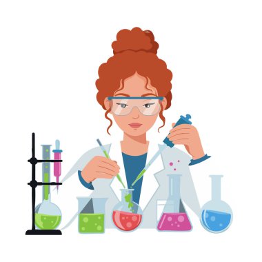 Beyaz önlüklü kadın bilim adamı laboratuvar ortamında renkli sıvılarla pipet ve test tüpleri kullanıyor..