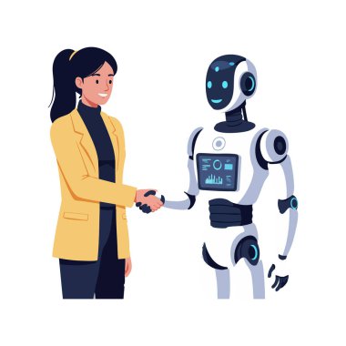İllüzyon, bir kadın ve bir robotun insan ve yapay zeka işbirliğini, yenilik ve ortaklık ruh halini temsil eden el sıkışmalarını gösteriyor..