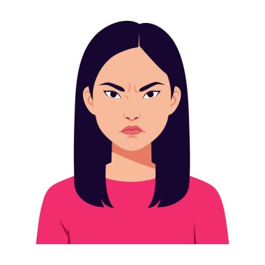 Resimlerde, uzun siyah saçlı ve pembe gömlekli kızgın bir kadın çizik kaşlı, tarafsız bir arkaplan modunda hayal kırıklığını ifade ediyor..