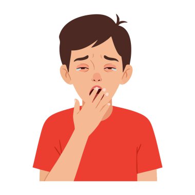 Resimde, kırmızı tişörtlü, yarı kapalı gözleri ve ağzı kapalı bir şekilde esneyen, yorgunluk ve uykusuzluğu ifade eden genç bir çocuk görülüyor. Sakin ol..