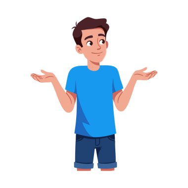 Resimde mavi gömlekli ve şortlu genç bir adam açık avuç içleriyle omuz silkiyor, belirsizliğini dile getiriyor ya da sorguluyor..