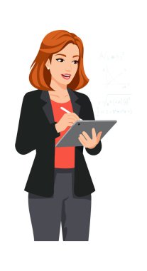 İş kıyafetli bir kadın, odaklanma ve profesyonelliği göstermek için iş veya sunum için dijital tablet kullanır. Ruh hali kendinden emin ve üretken..