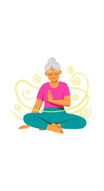 İllüzyon gösteriyor ki, kıdemli bir kadın bacak bacak üstüne atmış, gözleri kapalı meditasyon yapıyor ve etrafında barışçıl enerji dalgaları yaratıyor, sakinliğini iletiyor..