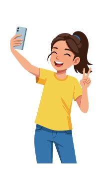 Kız gülümsüyor ve barış işareti yapıyor, akıllı telefonuyla selfie çekerken, rahat ve neşeli bir ruh hali içinde..