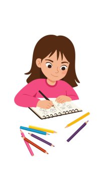 Kız, parlak bir ortamda yaratıcılığını ve konsantrasyonunu ifade eden renkli kalemlerle kağıda odaklanmış bir şekilde oturuyor. Sakin ol..