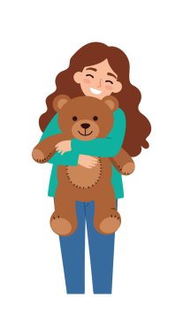 Kahverengi saçlı ve mavi kotlu bir kız mutlu bir şekilde oyuncak ayıya sarılıyor, sıcaklığını ve şefkatini neşeli bir vektör tarzında gösteriyor..