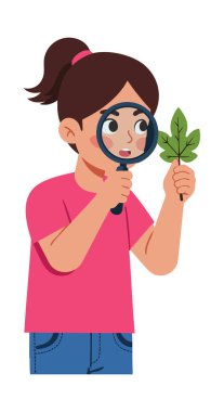Pembe gömlekli kız büyüteç kullanarak yeşil bir yaprağı yakından inceliyor. Merakı ve öğrenme modunu simgeliyor..
