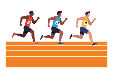 Bir atletizm yarışında üç erkek koşucu açık havada koşuyor. Görüntü dinamik hareketi ve rekabet enerjisini gösteriyor. Enerjik ruh hali.