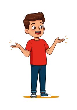 Kırmızı tişörtlü ve mavi pantolonlu neşeli bir çocuğun tasviri kollarını açmış mutluluk ve arkadaşlığı ifade ediyor. Neşeli bir ruh hali.