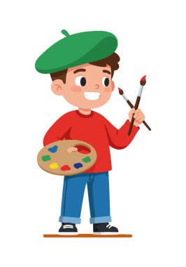 Genç çocuk elinde boya fırçaları ve renkli paletler tutarken gülümsüyor, parlak renklerle yaratıcı sanat faaliyetlerine girişiyor, neşeli bir ruh hali içinde..