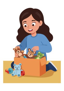Oyuncak ayıları karton bir kutuya koyan mutlu bir kız, şefkatli ve düzenli bir etkinliğe katılıyor, sıcak ve neşeli bir ruh hali yaratıyor..