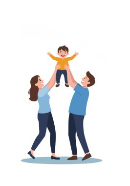 Anne ve baba, mutlu küçük oğullarını havaya kaldırıp neşeli bir aile anını paylaşıyorlar. Neşeli bir sahne..