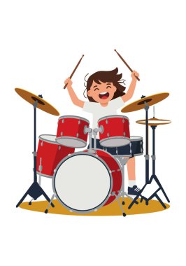 Çocuk, müzik ortamında heyecan ve enerji gösteren ziller ve bagetlerle coşkulu bir şekilde kırmızı davul çalar. Neşeli ruh hali.