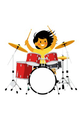 Resimde, neşeli bir şekilde bagetlerle kırmızı davul çalan bir çocuk canlı müzik ve ritmi enerjik bir ruh halinde ifade ediyor..