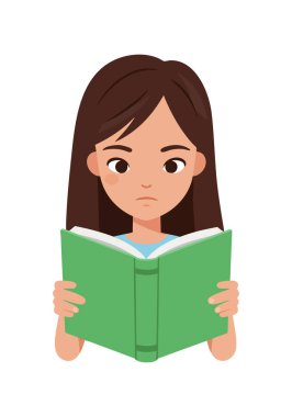 İllüzyon, kahverengi saçlı genç bir kızın portre yöneliminde odaklanmış ifadeli yeşil bir kitap okuduğunu gösteriyor..