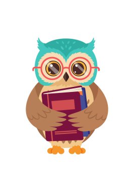 Tüyleri ve yuvarlak gözlükleri olan renkli baykuş bilgeliği ve öğrenmeyi sembolize eden büyük kırmızı bir kitap tutar. Neşeli ruh hali.