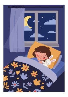 Çocuk, sakin bir gece sahnesinde içi dolunay ve bulutlarla dolu bir tavşanı tutarak yatakta huzur içinde uyuyor. Huzurlu ruh hali.