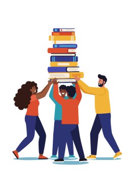 Çeşitli insanlar işbirliği içinde takım çalışmasını ve eğitimi sembolize eden renkli bir kitap yığınını tutuyorlar..