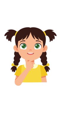 Bu vektör illüstrasyonunda yeşil gözlü ve örgülü sarı gömlek giyen gülümseyen bir kız görülüyor. Neşeli ruh hali.