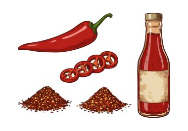 Bu vektör kırmızı biber, dilimlenmiş kırmızı biber halkaları, ezilmiş kırmızı biber baharatları ve temiz bir şekilde bir şişe acı sos gösteriyor. Baharatlı ruh hali.