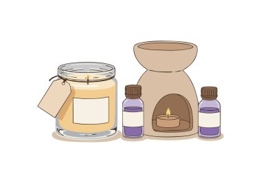 Vektör, aromaterapi yayıcısını mum ve temel yağ şişeleriyle nötr tonlarda gösteriyor, barışçıl ve sakinleştirici bir atmosfer yaratıyor. Rahatlatıcı ruh hali.