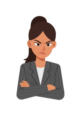 Çizgili ceketli kızgın bir iş kadını hayal kırıklığı ve kararlılık göstererek kollarını kavuşturuyor. Ciddi bir ruh hali..