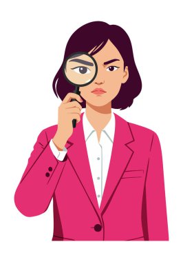 Pembe ceketli kadın büyüteçten dikkatlice bakıyor, araştırmayı ve incelemeyi sembolize ediyor, odaklanmış bir ruh hali içinde..