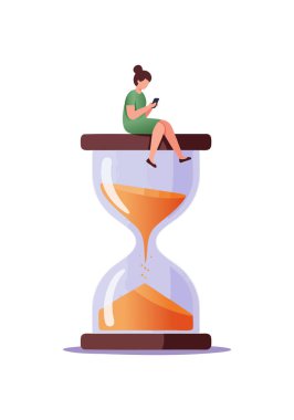 Yeşil elbiseli kadın, büyük bir kum saatinin üzerinde oturuyor. Akıllı telefonunu kontrol ediyor. Zaman yönetimini ve sabrı simgeliyor..
