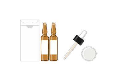 Çizimlerde iki tıbbi ampul, siyah şapkalı bir damlatıcı ve düzgün düzenlenmiş sağlık ve bilim temalı küçük bir kap görülüyor. Sakin.