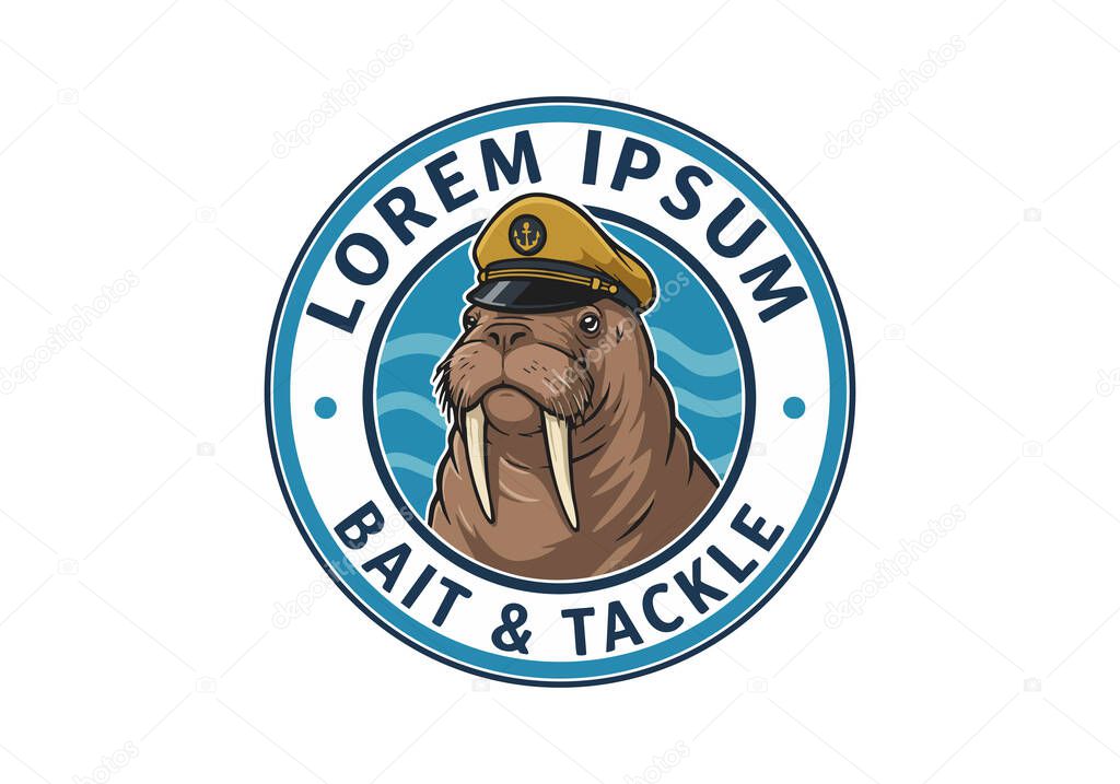 This vector features a walrus mascot with a captain hat in a circular badge, using blue and brown tones, conveying a nautical and friendly mood.