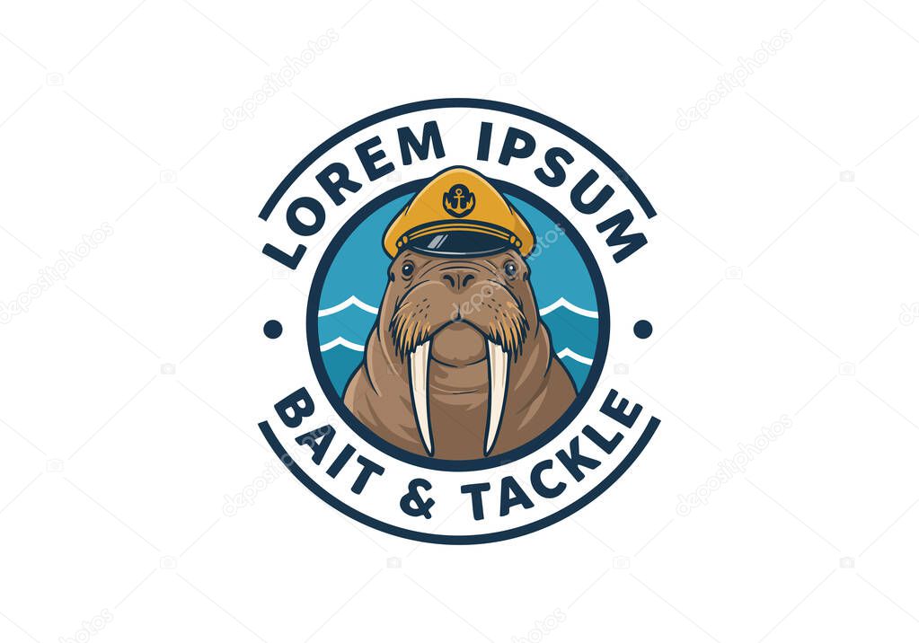 Vector illustration features a walrus wearing a captain hat with ocean waves in the background, representing fishing and tackle themes. Calm mood.