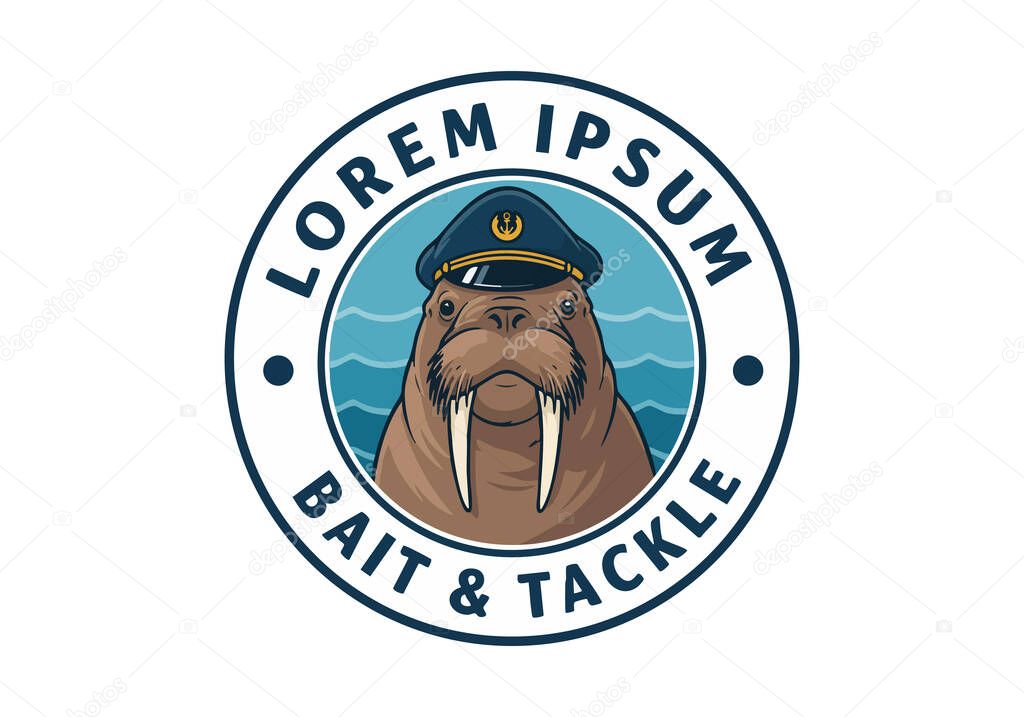 This vector features a walrus captain with a navy hat in a circular badge design for a bait and tackle shop, presented with calm and clear style.