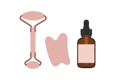 Vektör illüstrasyonunda gül kuvars silindiri, gua sha ve serum şişesi de dahil olmak üzere yumuşacık pembe ve kahverengi tonlarda yüz bakımı araçları gösteriliyor..