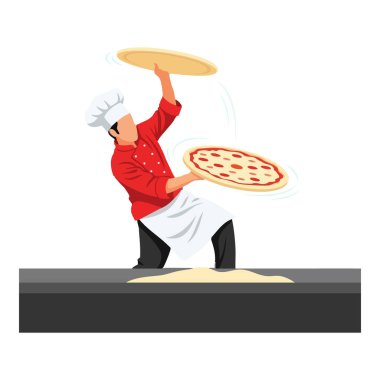 Kırmızı üniformalı şef, pizza hamurunu ustalıkla mutfağa atar, odaklanmış enerji ve dinamik hareketle İtalyan yemeklerini hazırlar. Enerjik ruh hali.