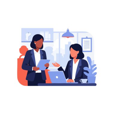 İki profesyonel kadın, modern ofis ortamında dizüstü bilgisayar ve belgelerle iş birliği yaparak verimli bir iş ortamı yaratıyor. Sakin ol..