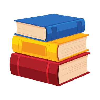 İllüstrasyon, öğrenme ve bilgiyi canlı bir şekilde temsil eden mavi, sarı ve kırmızı kapaklı üç kitap yığınını gösteriyor. Sakin.