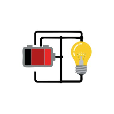 Vektör illüstrasyonu, temel elektrik devresi tasarımında sarı bir ampule bağlı bir pilin enerji akışı konseptini ilettiğini gösteriyor. Neşeli bir ruh hali.