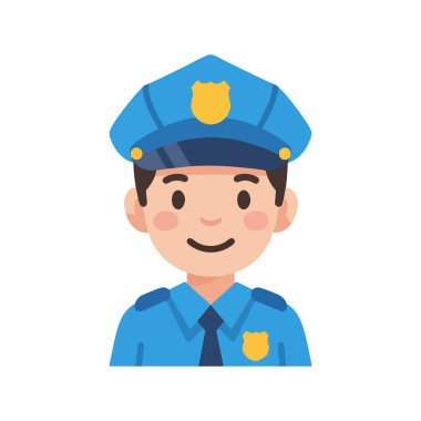 Resimde mavi üniformalı ve rozetli gülümseyen bir polis memurunun portre tarzında öne baktığı görülüyor. Arkadaş canlısı ruh hali.